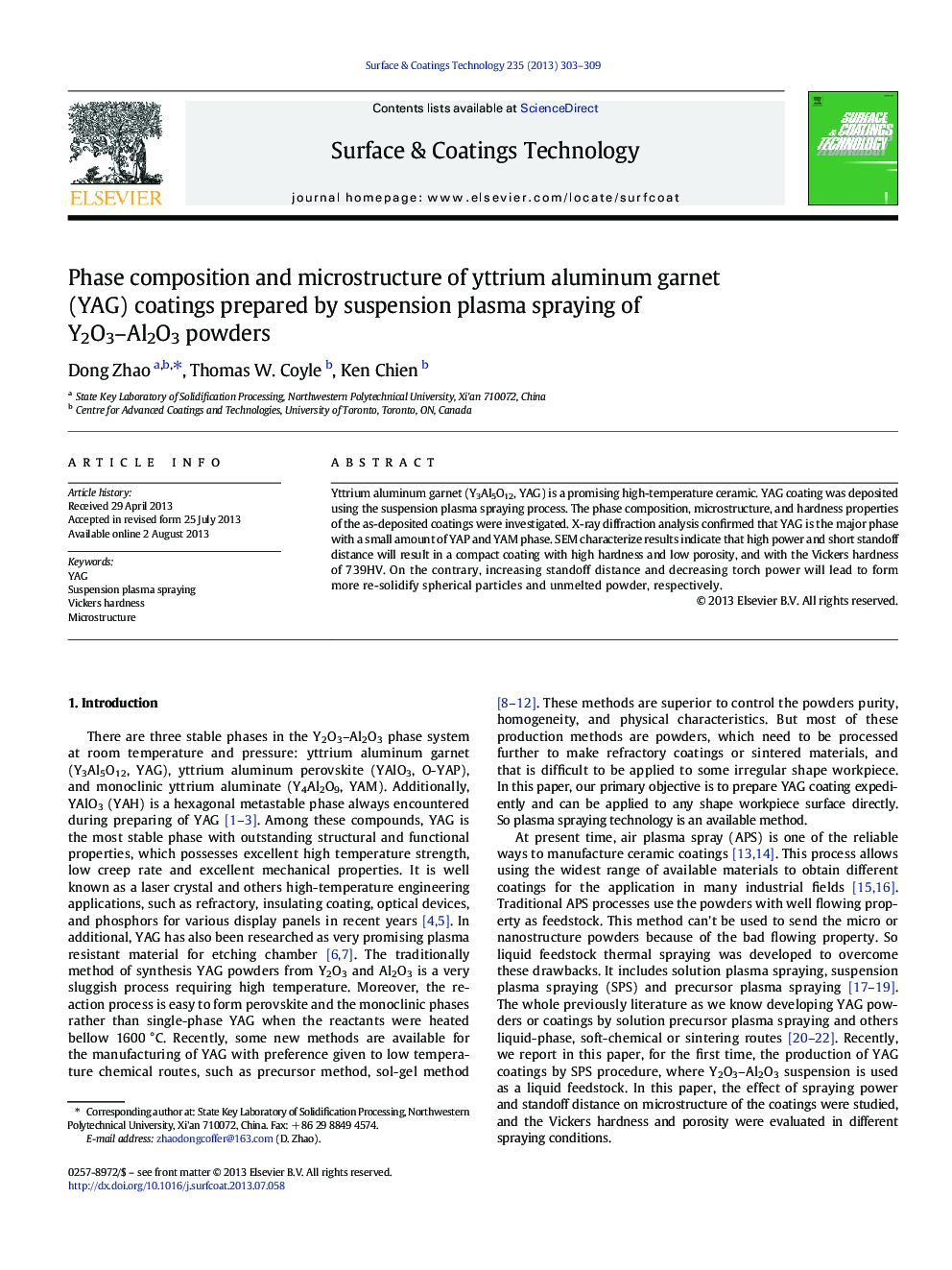 Phase composition and microstructure of yttrium aluminum garnet (YAG) coatings prepared by suspension plasma spraying of Y2O3-Al2O3 powders