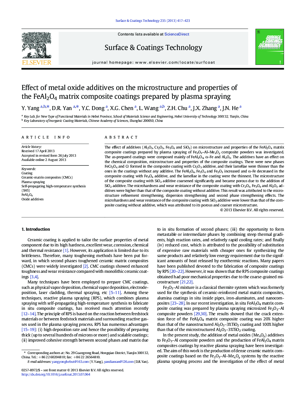 Effect of metal oxide additives on the microstructure and properties of the FeAl2O4 matrix composite coatings prepared by plasma spraying