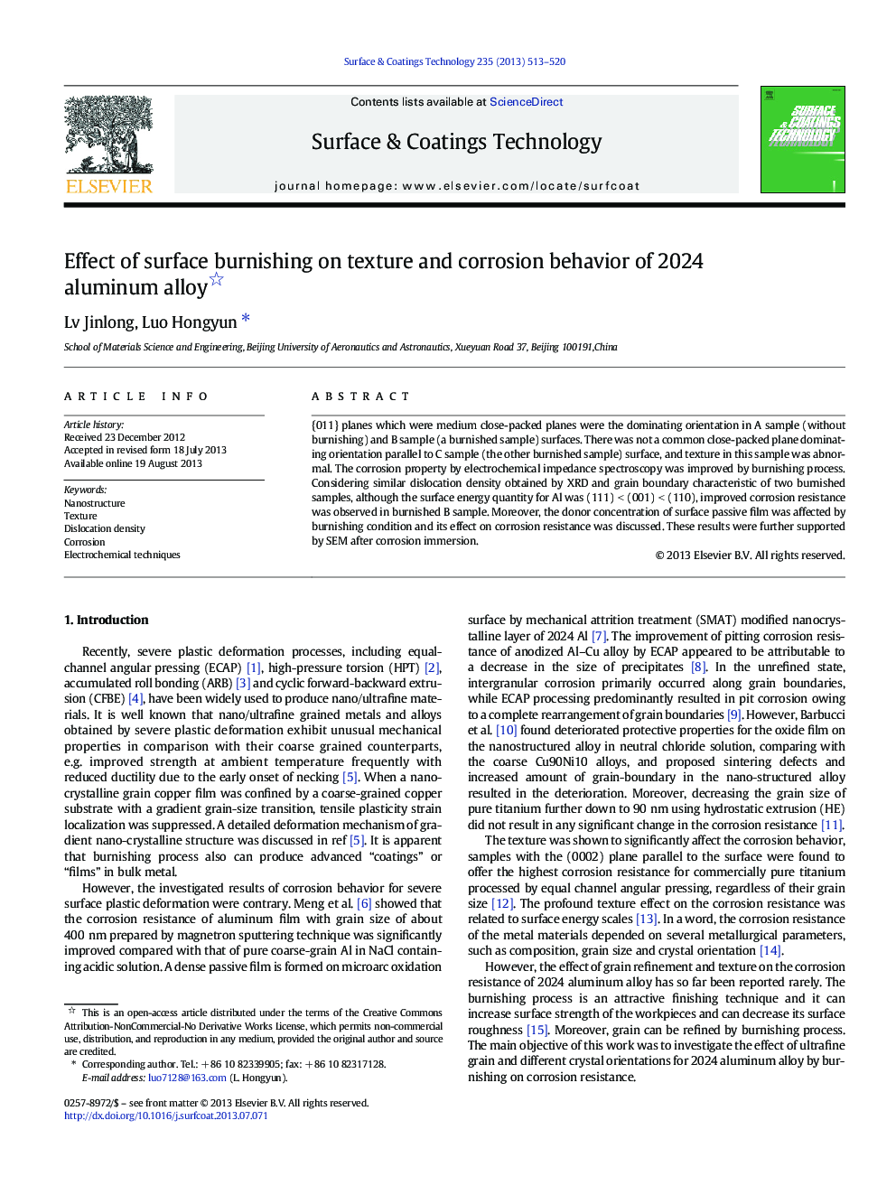 Effect of surface burnishing on texture and corrosion behavior of 2024 aluminum alloy