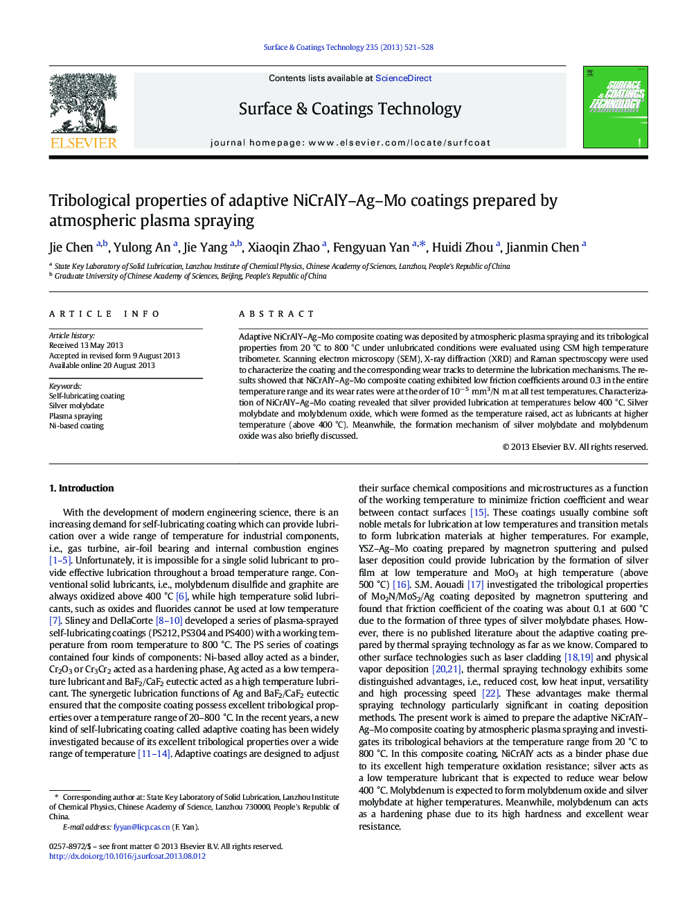 Tribological properties of adaptive NiCrAlY-Ag-Mo coatings prepared by atmospheric plasma spraying