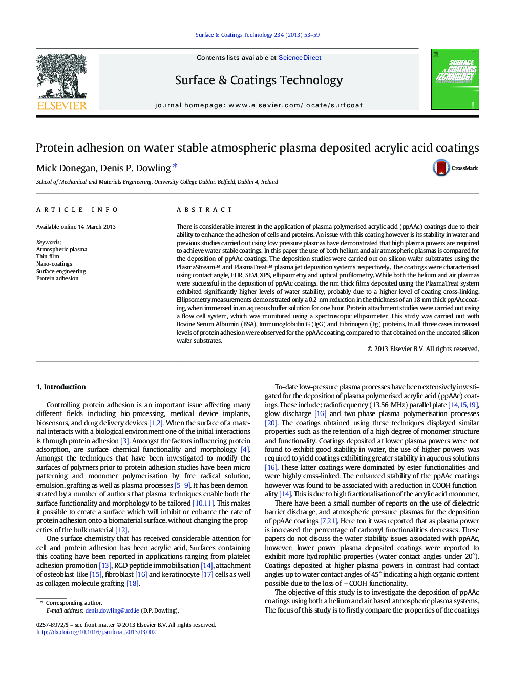 Protein adhesion on water stable atmospheric plasma deposited acrylic acid coatings