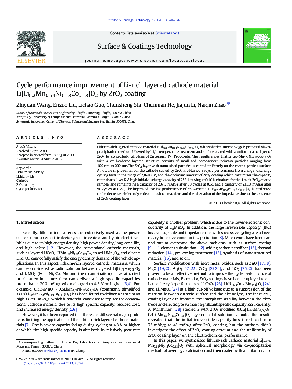 Cycle performance improvement of Li-rich layered cathode material Li[Li0.2Mn0.54Ni0.13Co0.13]O2 by ZrO2 coating