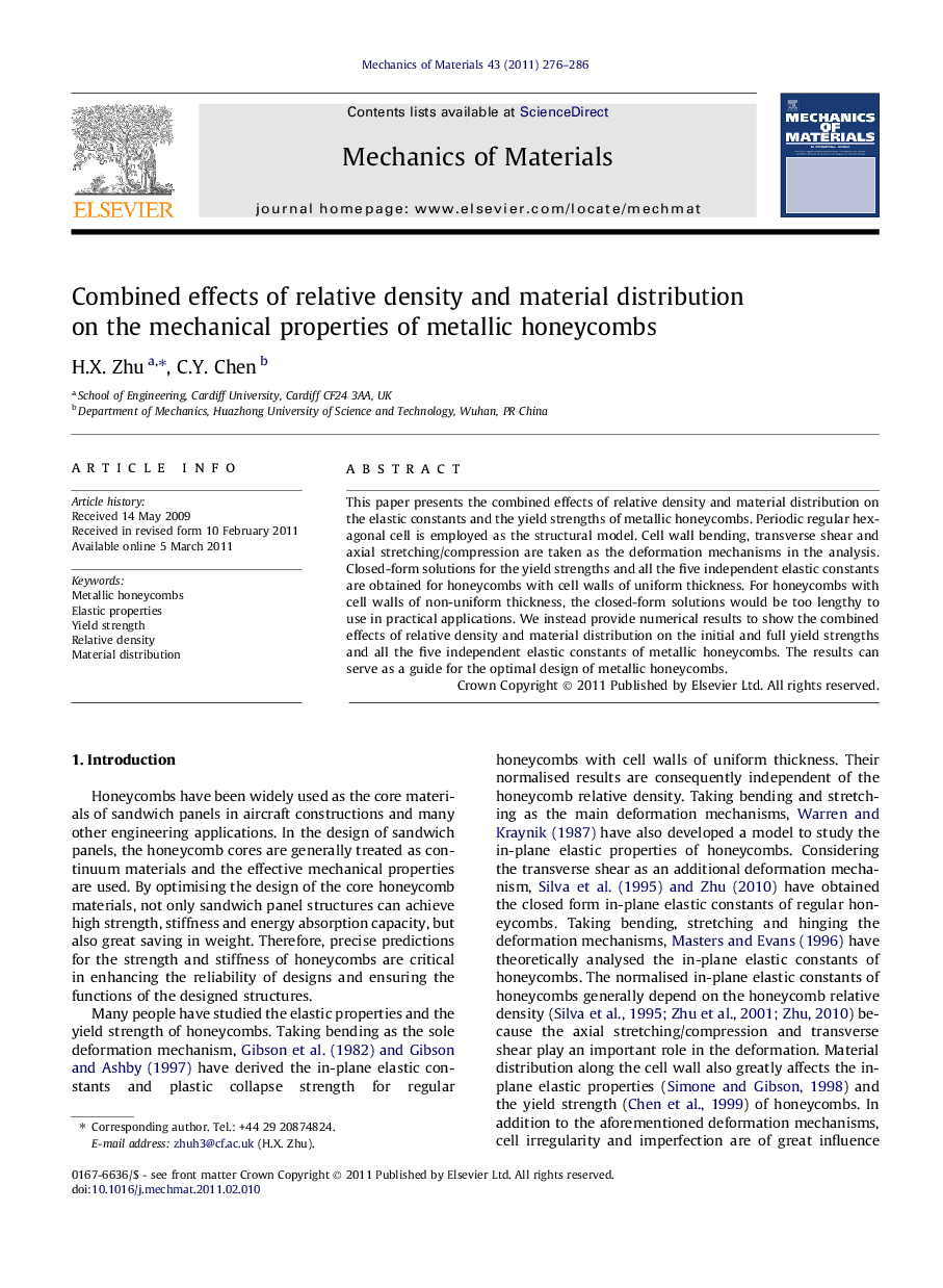 Combined effects of relative density and material distribution on the mechanical properties of metallic honeycombs