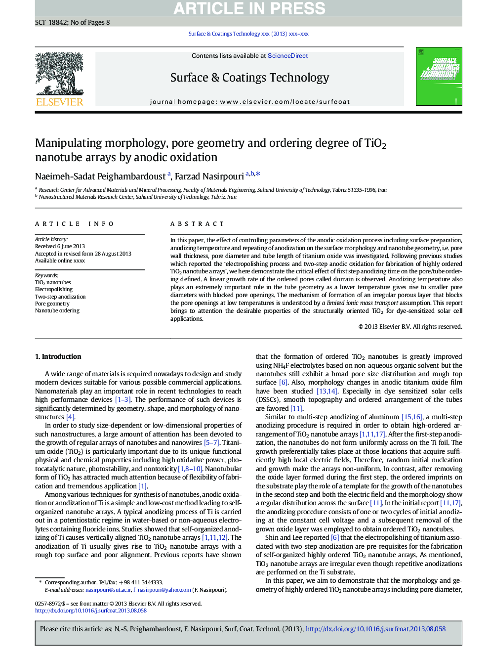 Manipulating morphology, pore geometry and ordering degree of TiO2 nanotube arrays by anodic oxidation