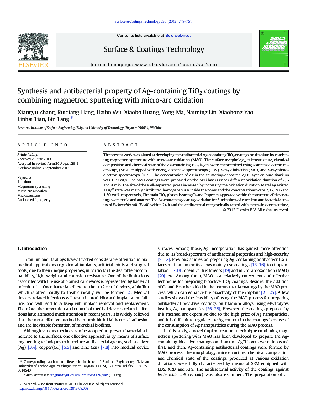 Synthesis and antibacterial property of Ag-containing TiO2 coatings by combining magnetron sputtering with micro-arc oxidation