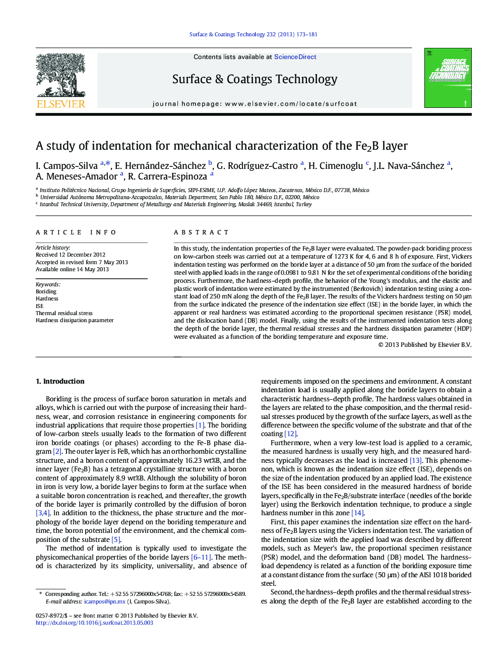 A study of indentation for mechanical characterization of the Fe2B layer