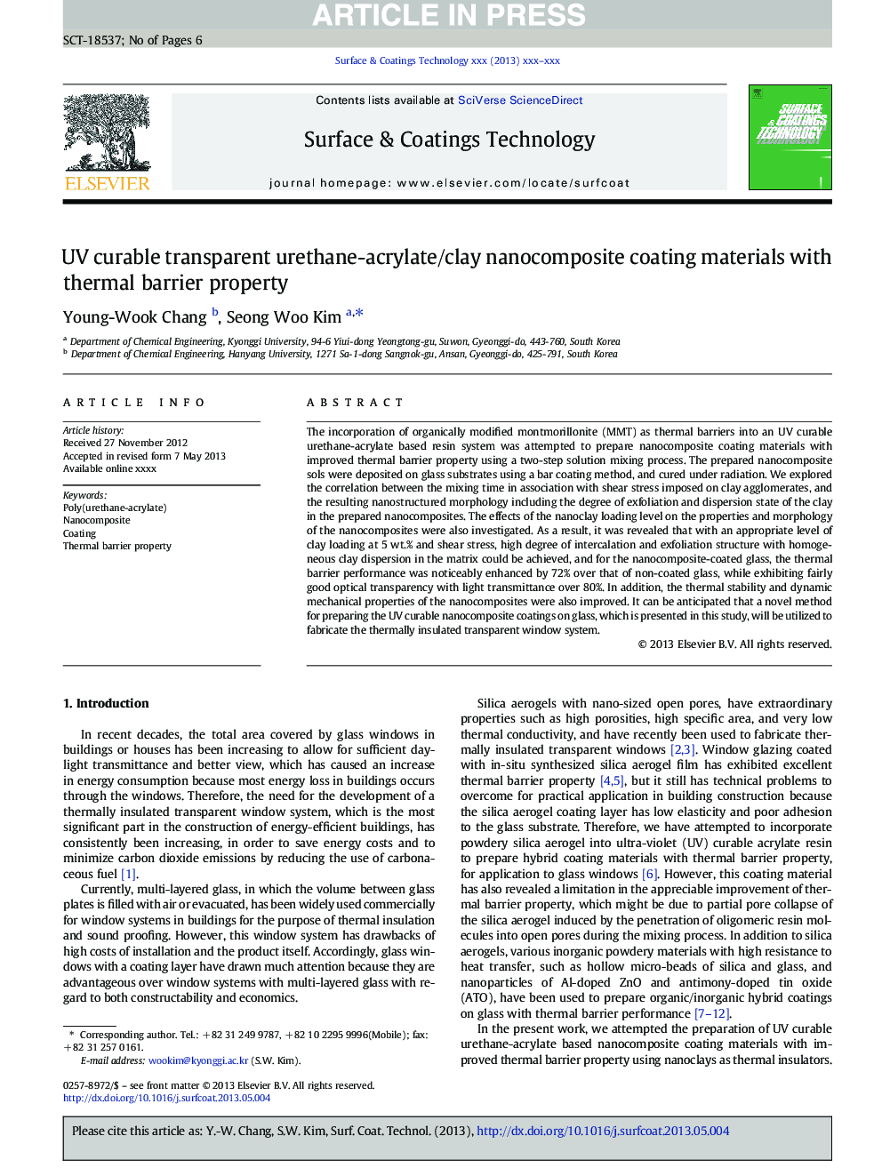 UV curable transparent urethane-acrylate/clay nanocomposite coating materials with thermal barrier property