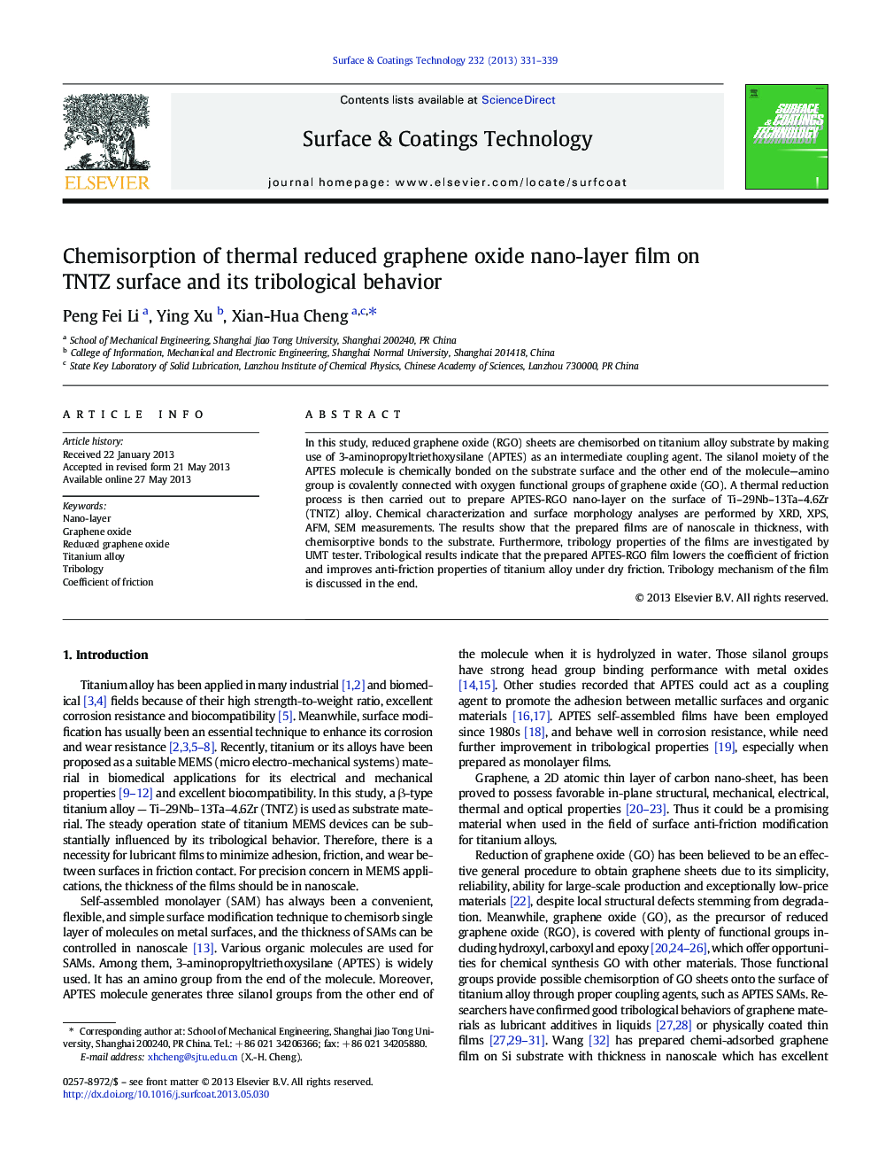 Chemisorption of thermal reduced graphene oxide nano-layer film on TNTZ surface and its tribological behavior