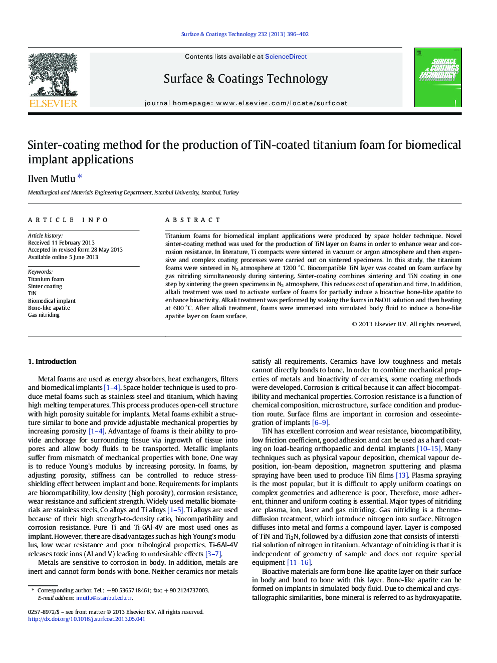 Sinter-coating method for the production of TiN-coated titanium foam for biomedical implant applications