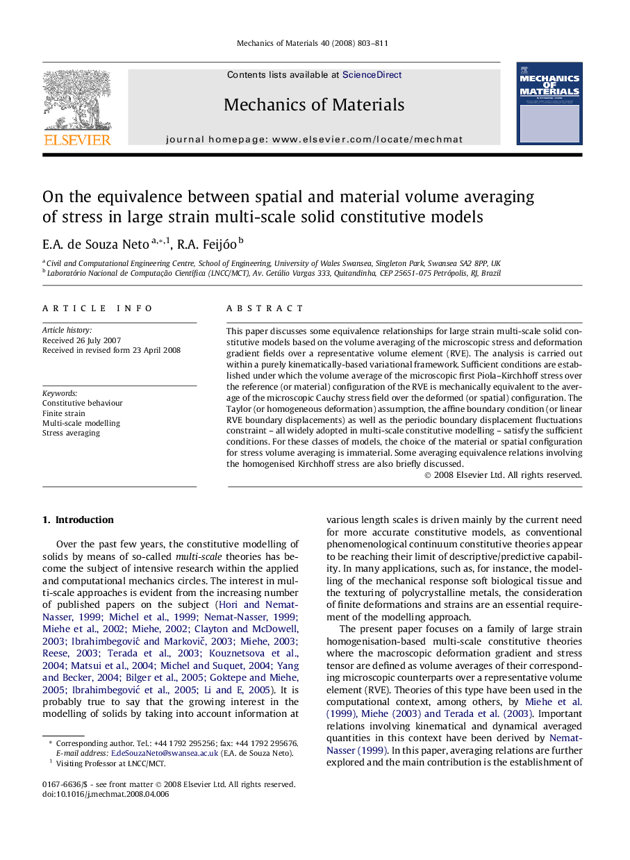 On the equivalence between spatial and material volume averaging of stress in large strain multi-scale solid constitutive models