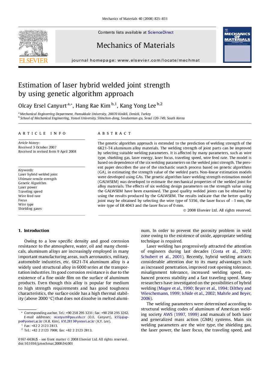 Estimation of laser hybrid welded joint strength by using genetic algorithm approach