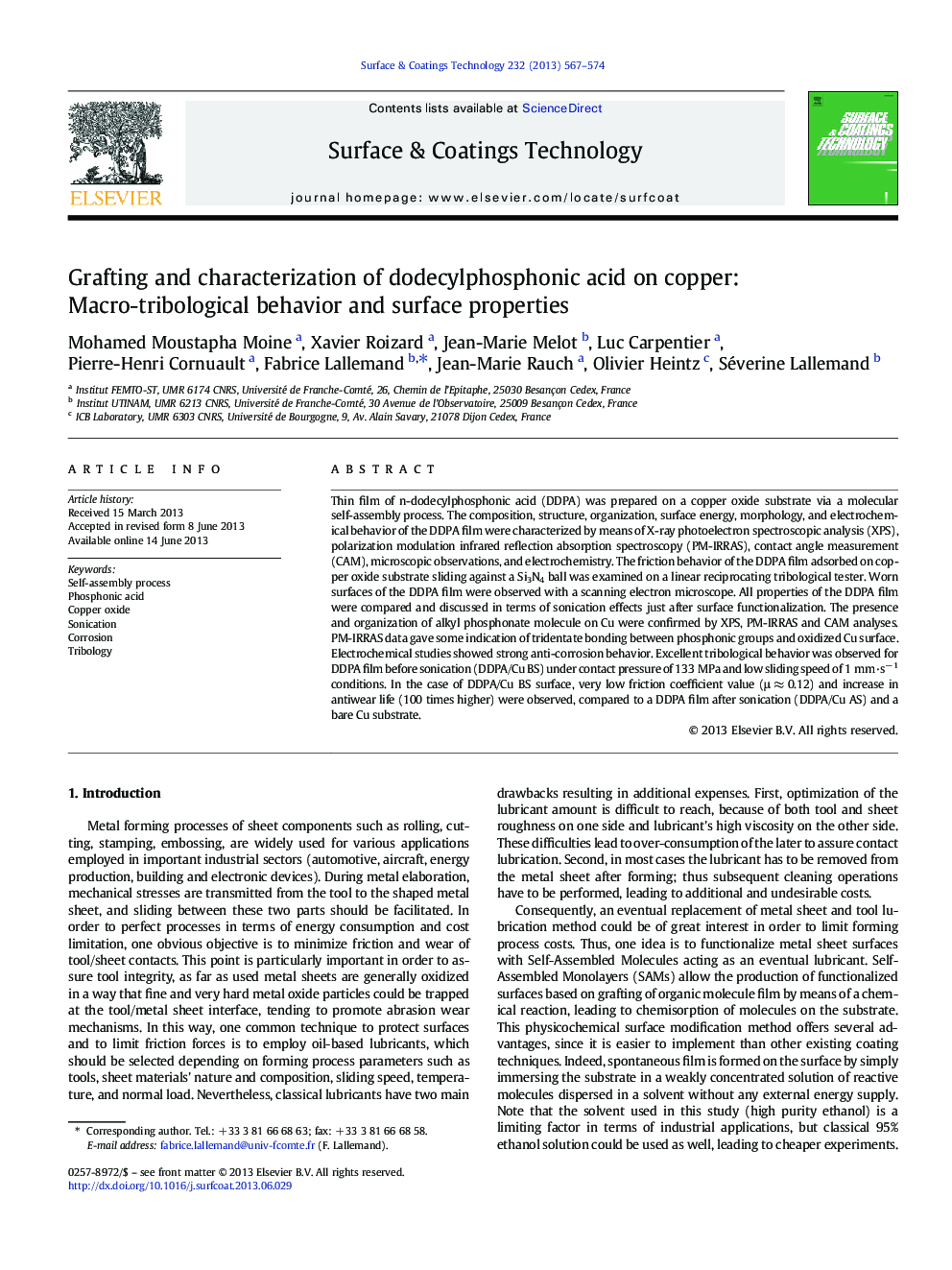 پیوند و خصوصی سازی اسید دودسیل فسفونیک بر روی مس: رفتار ماکرو تریبولوژیک و خواص سطح 