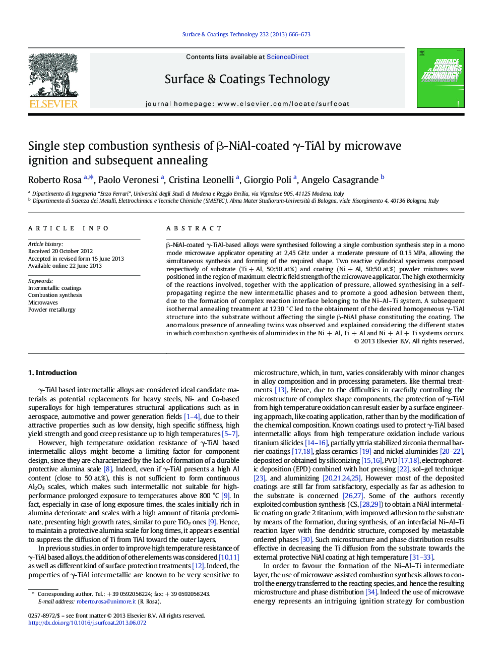 Single step combustion synthesis of Î²-NiAl-coated Î³-TiAl by microwave ignition and subsequent annealing