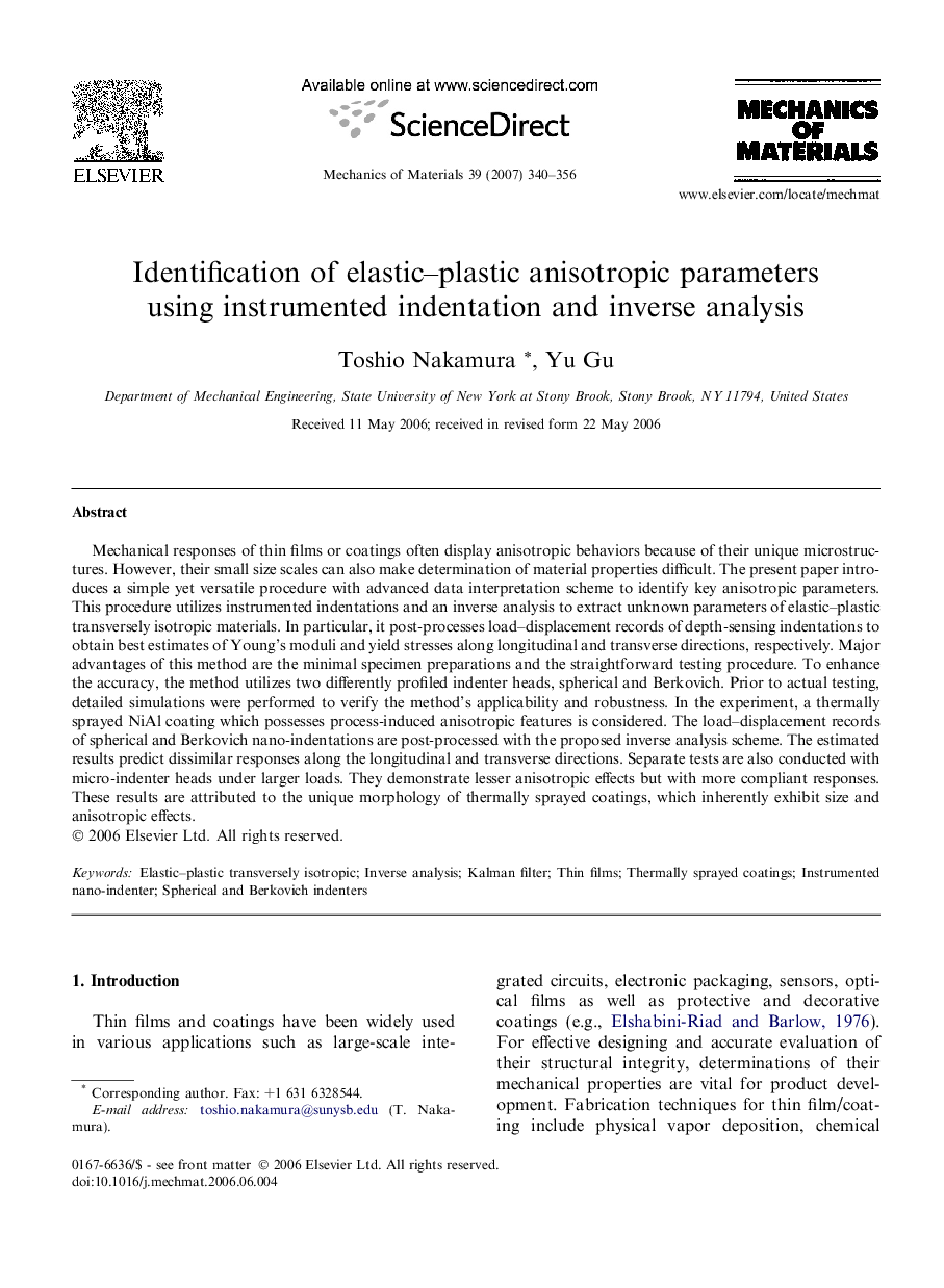 Identification of elastic–plastic anisotropic parameters using instrumented indentation and inverse analysis