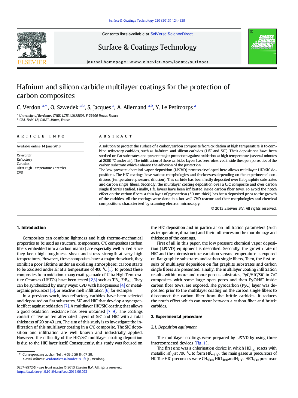 Hafnium and silicon carbide multilayer coatings for the protection of carbon composites