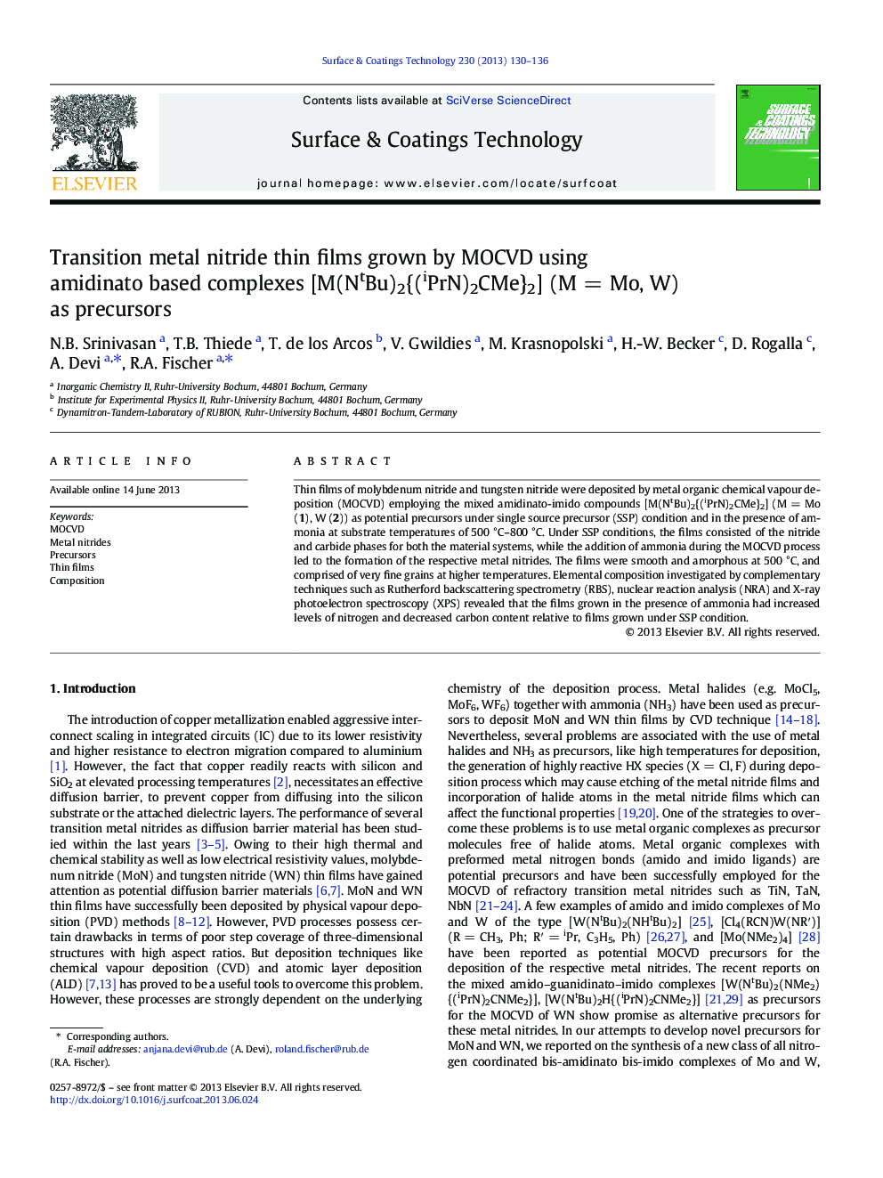 Transition metal nitride thin films grown by MOCVD using amidinato based complexes [M(NtBu)2{(iPrN)2CMe}2] (MÂ =Â Mo, W) as precursors