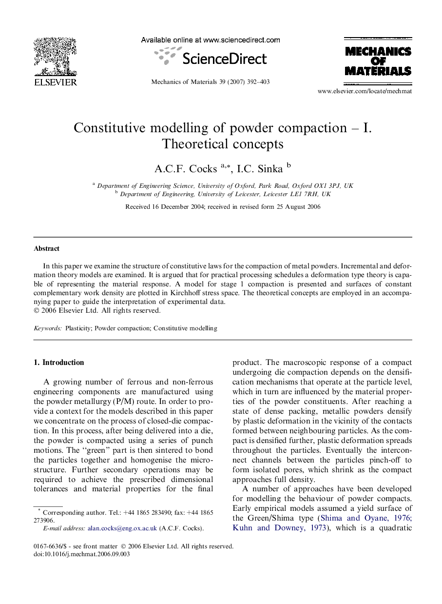 Constitutive modelling of powder compaction – I. Theoretical concepts