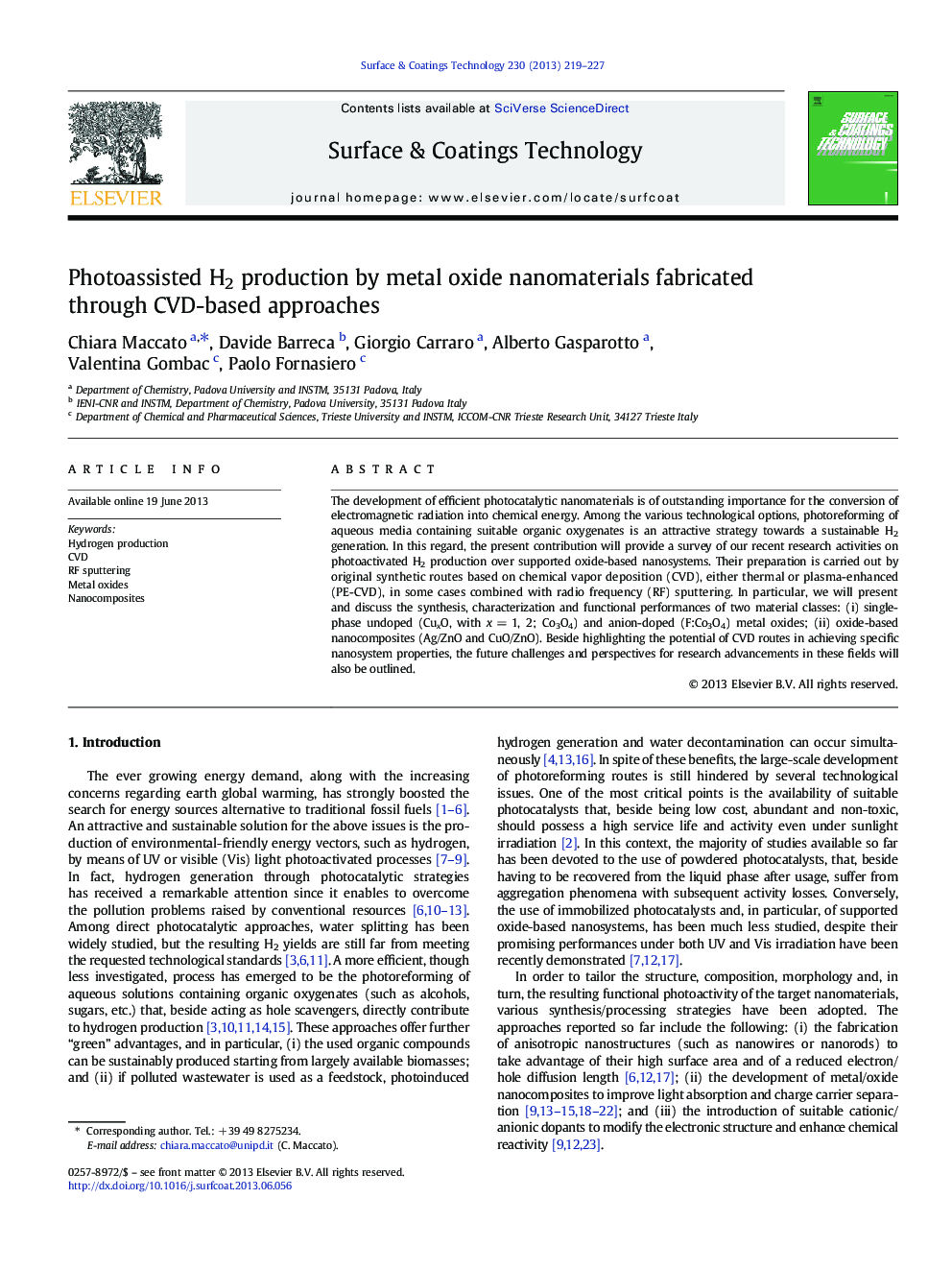 Photoassisted H2 production by metal oxide nanomaterials fabricated through CVD-based approaches