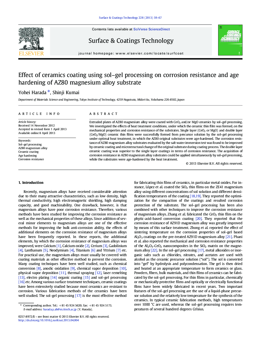 Effect of ceramics coating using sol-gel processing on corrosion resistance and age hardening of AZ80 magnesium alloy substrate