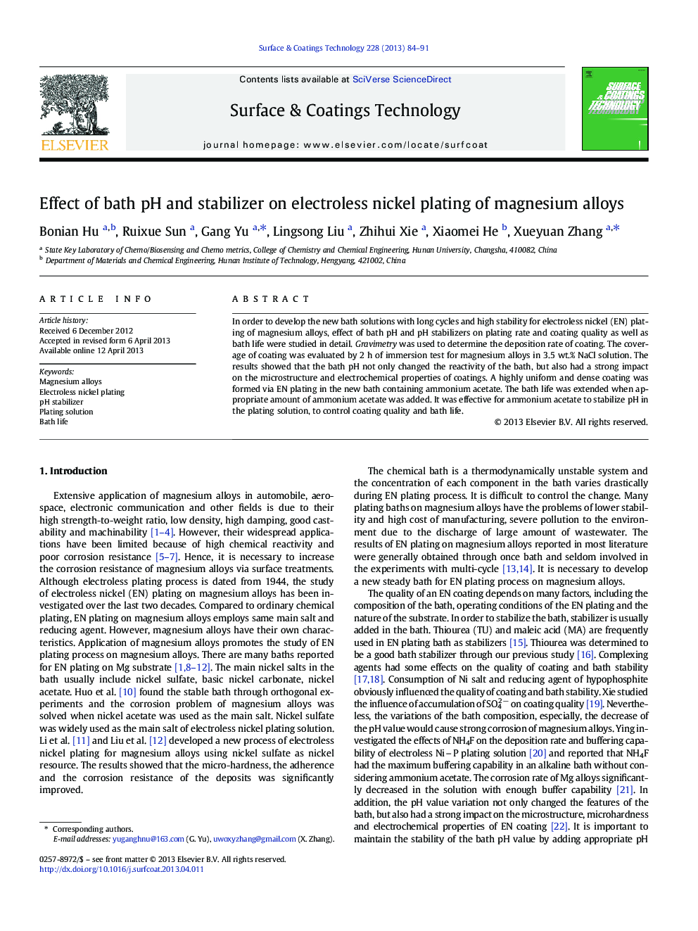 Effect of bath pH and stabilizer on electroless nickel plating of magnesium alloys
