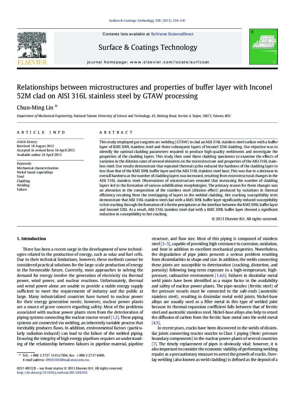 Relationships between microstructures and properties of buffer layer with Inconel 52M clad on AISI 316L stainless steel by GTAW processing