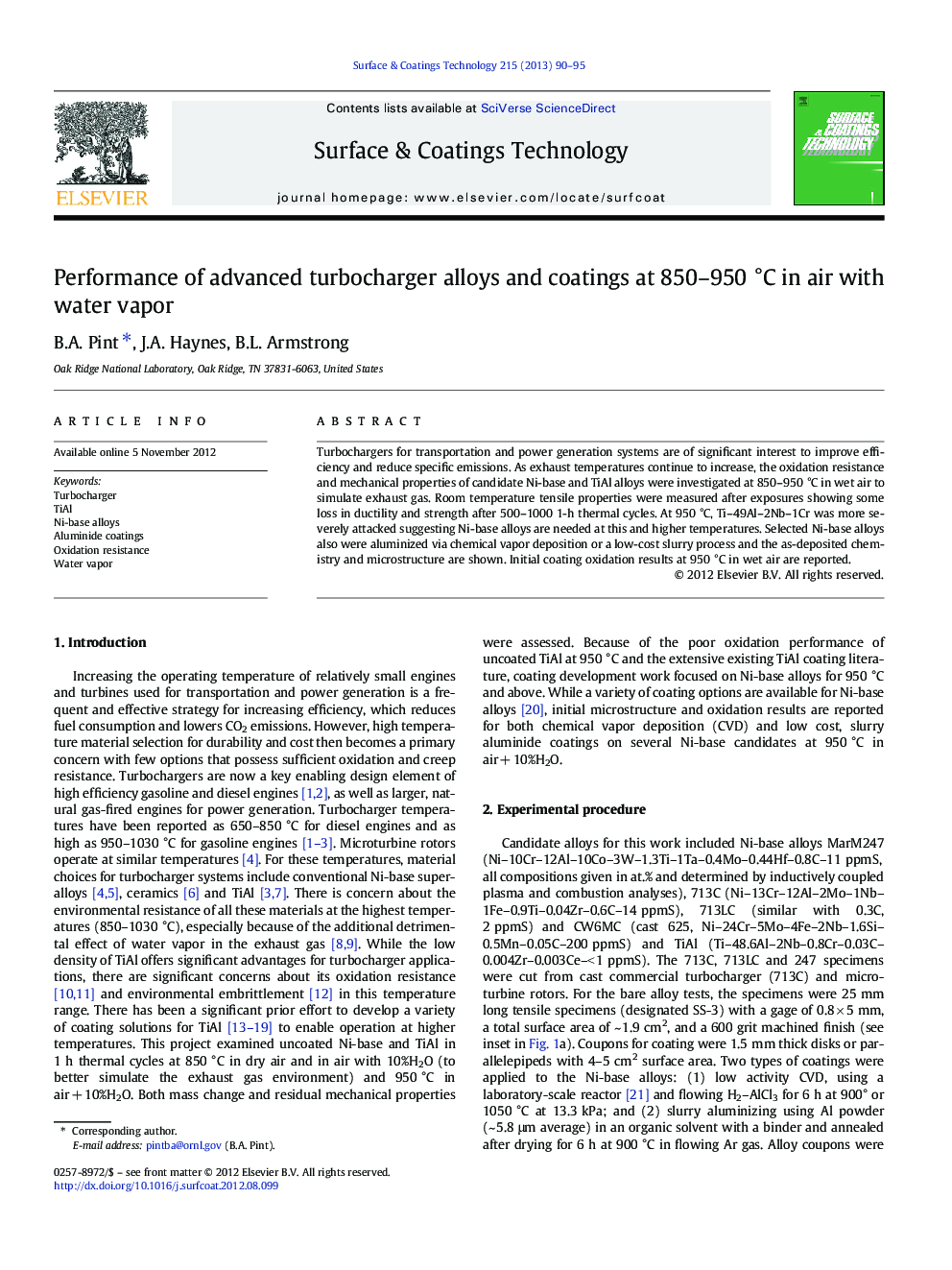 Performance of advanced turbocharger alloys and coatings at 850-950Â Â°C in air with water vapor