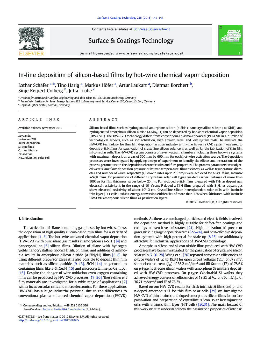 In-line deposition of silicon-based films by hot-wire chemical vapor deposition