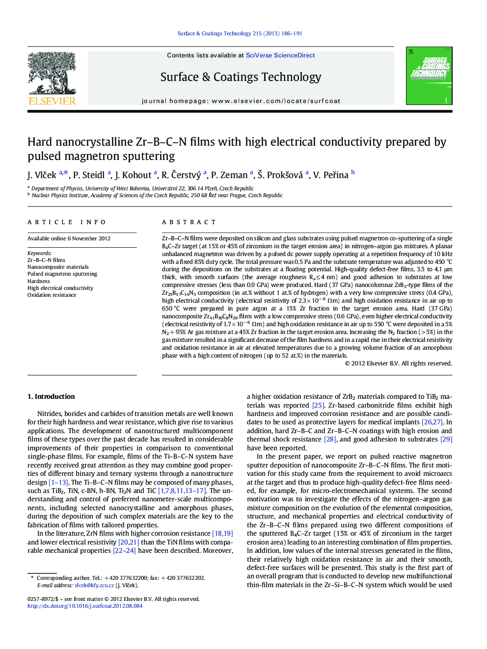 Hard nanocrystalline Zr-B-C-N films with high electrical conductivity prepared by pulsed magnetron sputtering