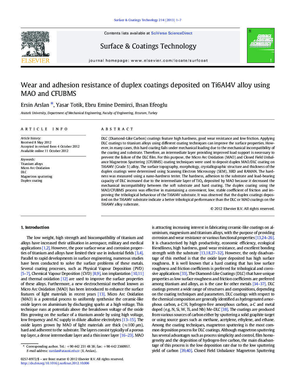 Wear and adhesion resistance of duplex coatings deposited on Ti6Al4V alloy using MAO and CFUBMS