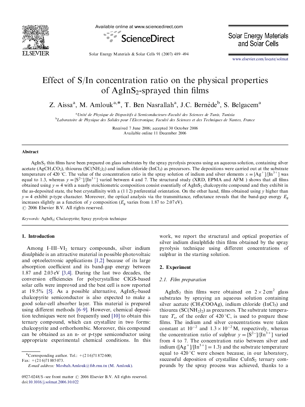 Effect of S/In concentration ratio on the physical properties of AgInS2-sprayed thin films