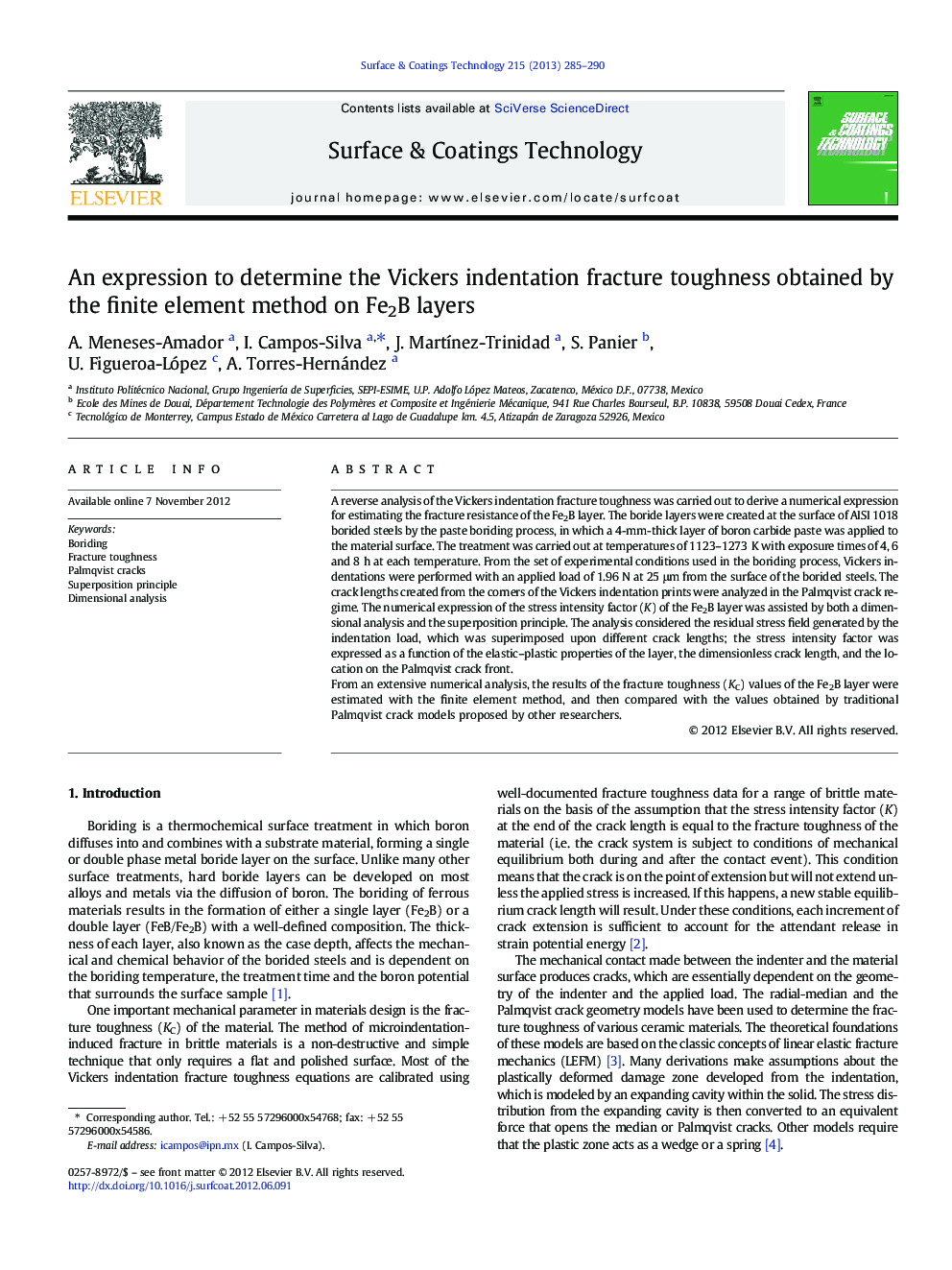 An expression to determine the Vickers indentation fracture toughness obtained by the finite element method on Fe2B layers