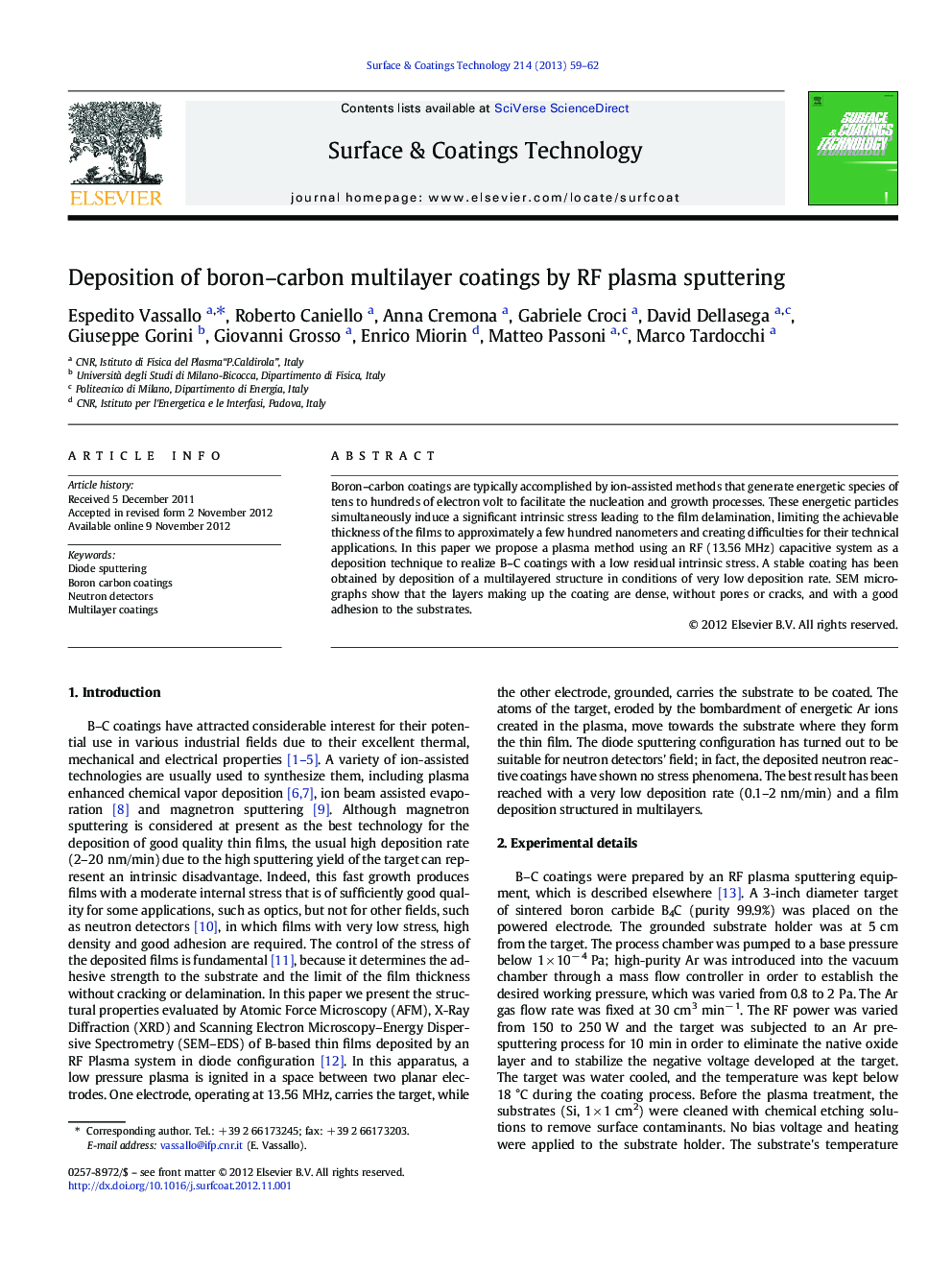 Deposition of boron-carbon multilayer coatings by RF plasma sputtering