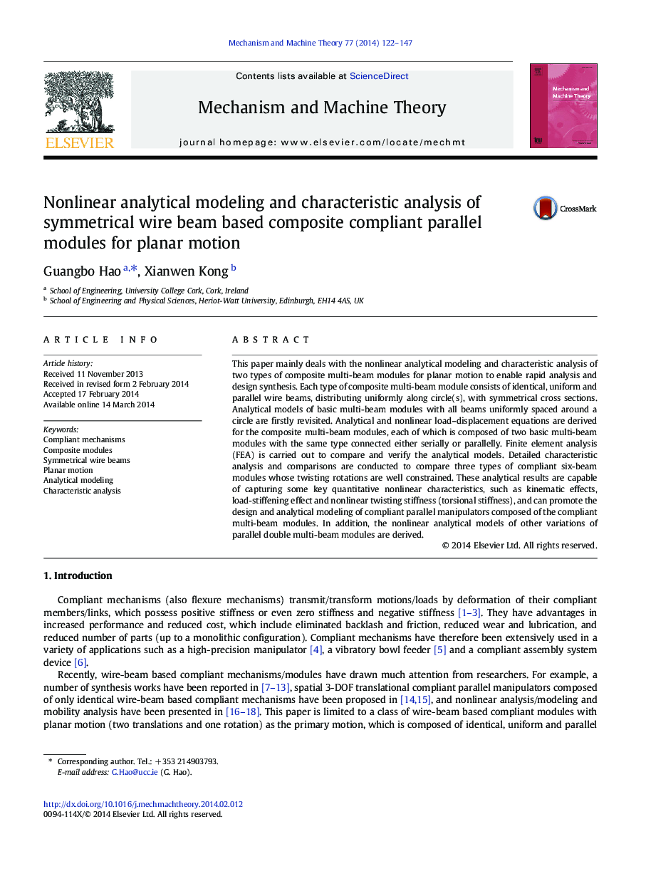 Nonlinear analytical modeling and characteristic analysis of symmetrical wire beam based composite compliant parallel modules for planar motion