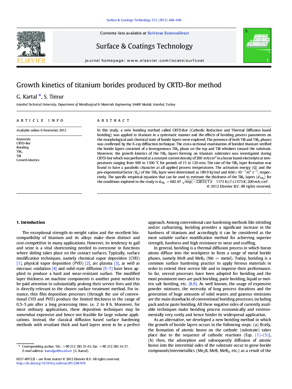 Growth kinetics of titanium borides produced by CRTD-Bor method