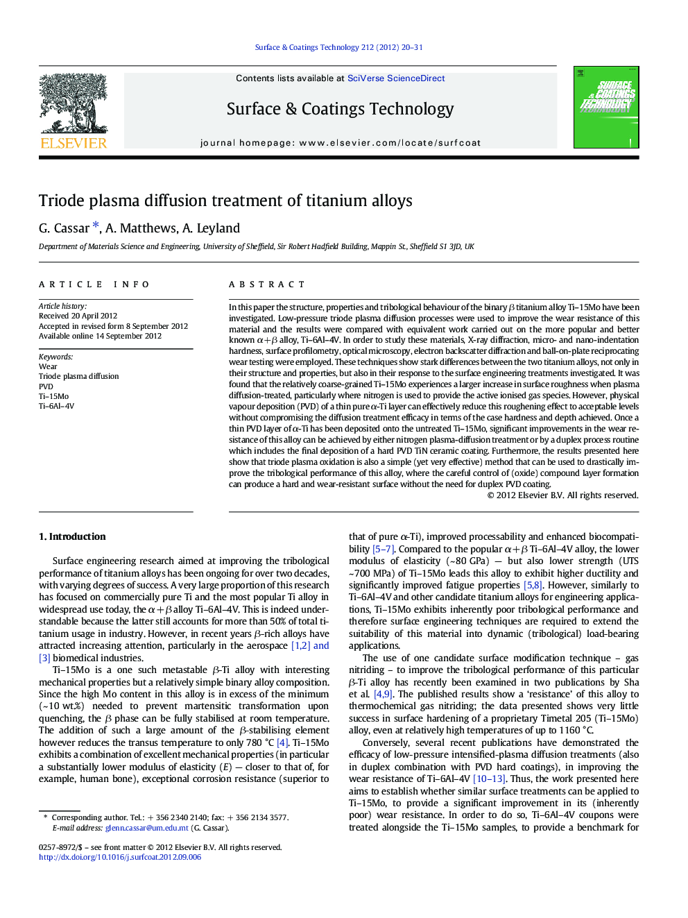 Triode plasma diffusion treatment of titanium alloys