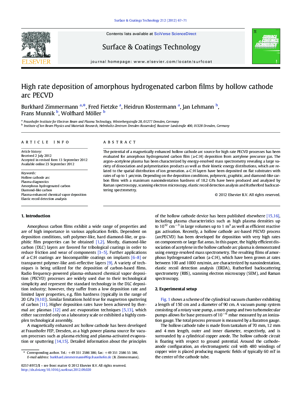 High rate deposition of amorphous hydrogenated carbon films by hollow cathode arc PECVD