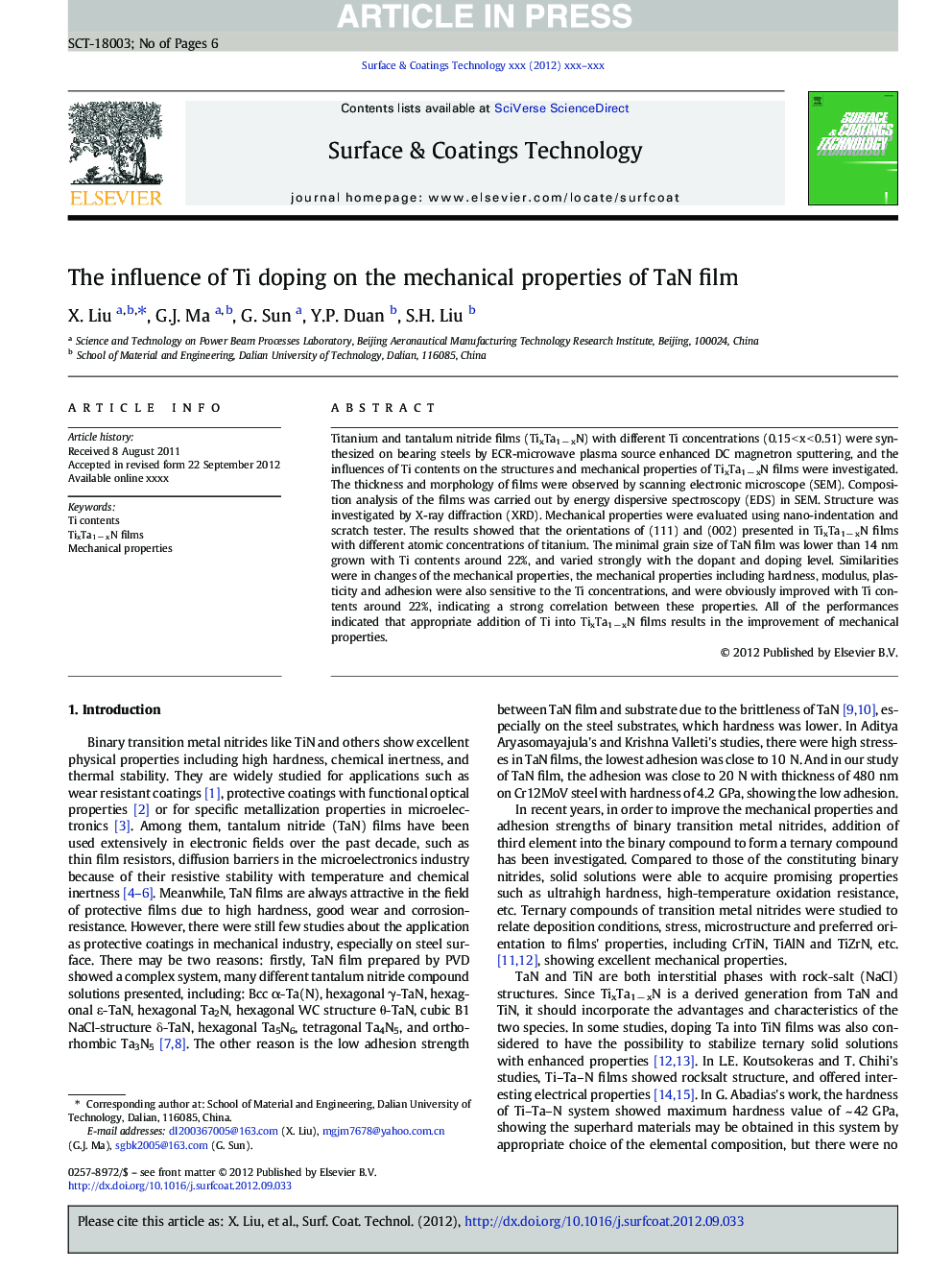 The influence of Ti doping on the mechanical properties of TaN film