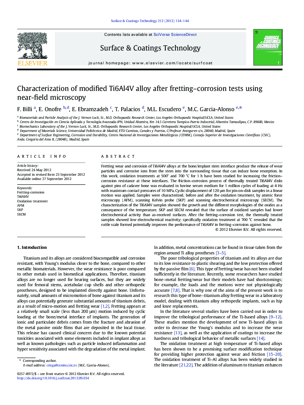 Characterization of modified Ti6Al4V alloy after fretting-corrosion tests using near-field microscopy