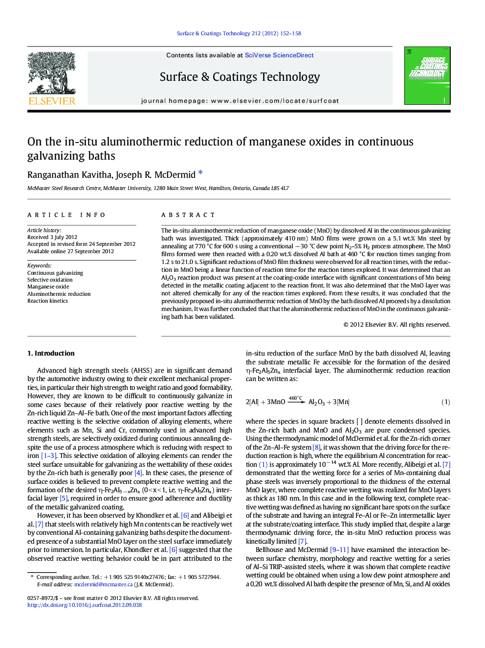 On the in-situ aluminothermic reduction of manganese oxides in continuous galvanizing baths