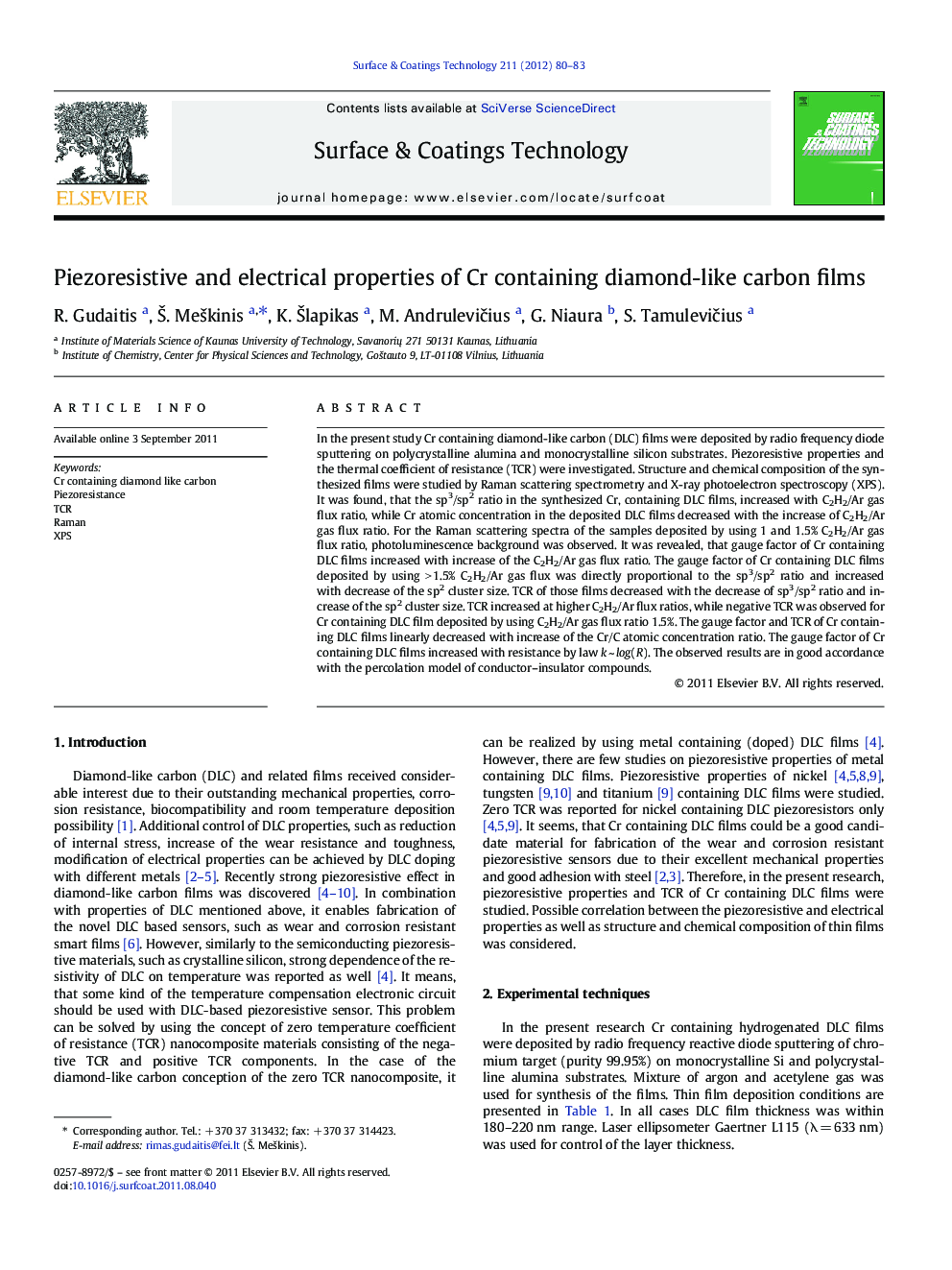 Piezoresistive and electrical properties of Cr containing diamond-like carbon films