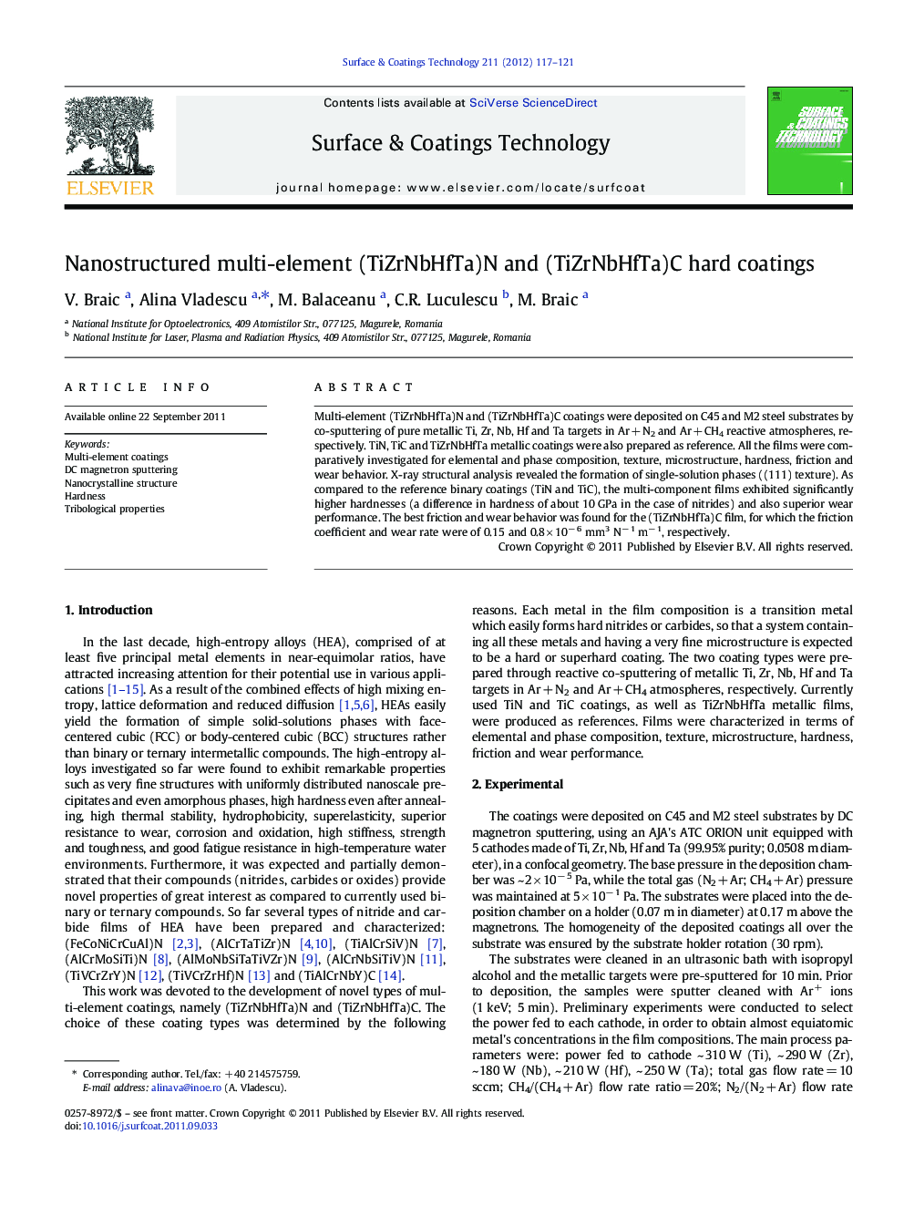 Nanostructured multi-element (TiZrNbHfTa)N and (TiZrNbHfTa)C hard coatings