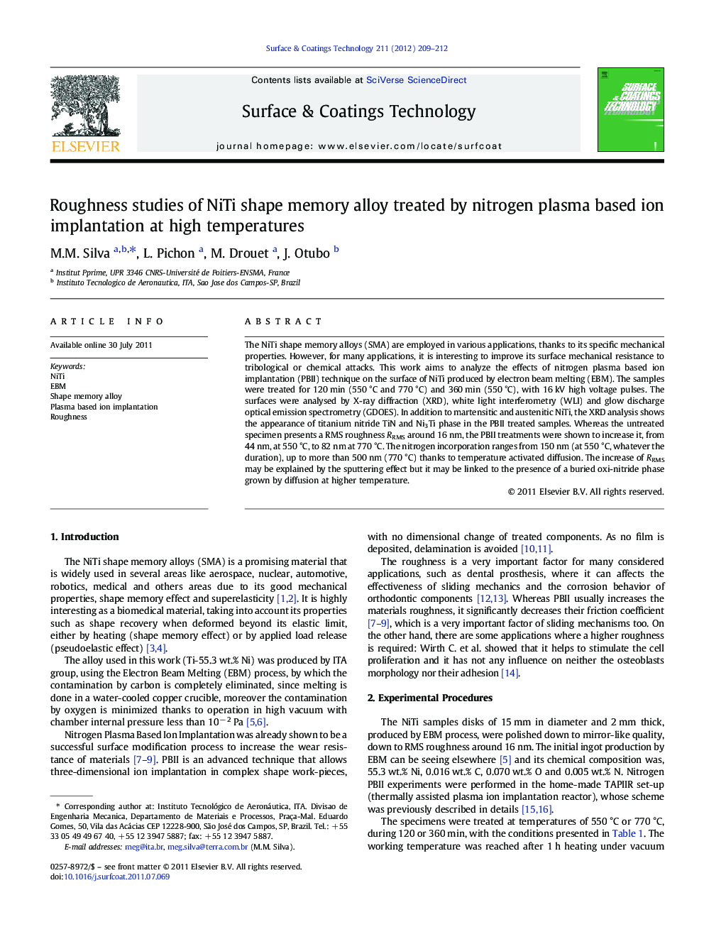 Roughness studies of NiTi shape memory alloy treated by nitrogen plasma based ion implantation at high temperatures