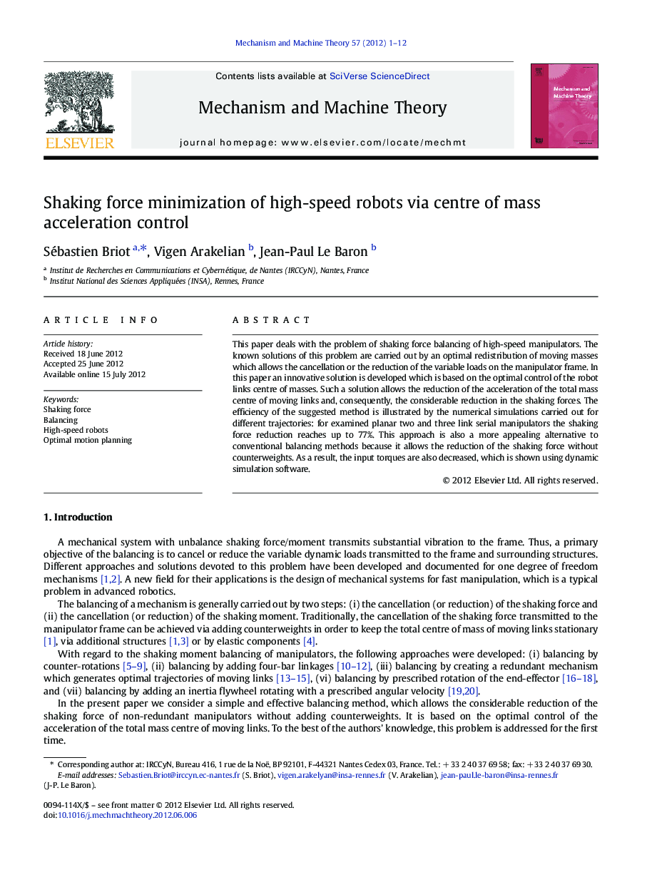 Shaking force minimization of high-speed robots via centre of mass acceleration control