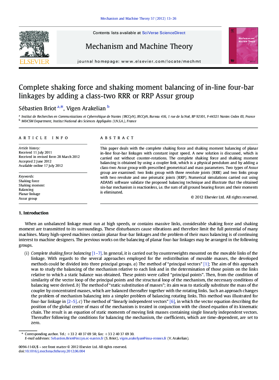 Complete shaking force and shaking moment balancing of in-line four-bar linkages by adding a class-two RRR or RRP Assur group