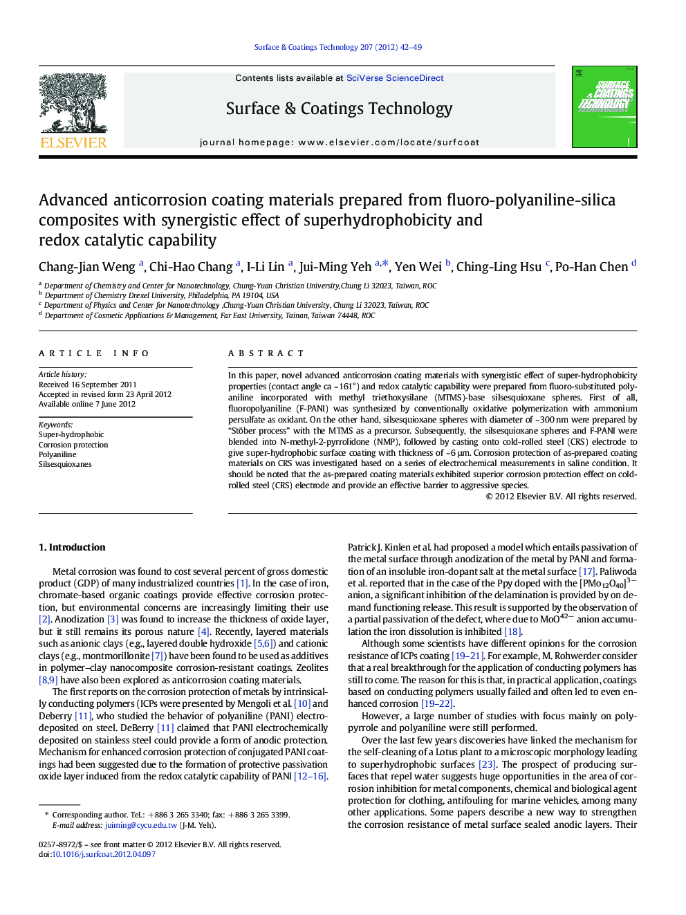 Advanced anticorrosion coating materials prepared from fluoro-polyaniline-silica composites with synergistic effect of superhydrophobicity and redox catalytic capability