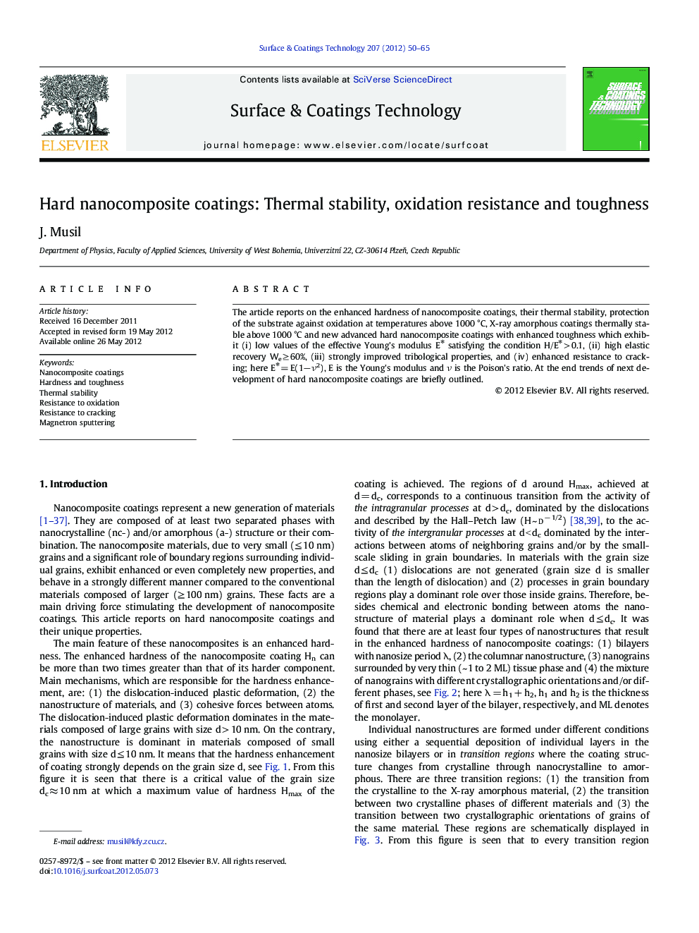 Hard nanocomposite coatings: Thermal stability, oxidation resistance and toughness