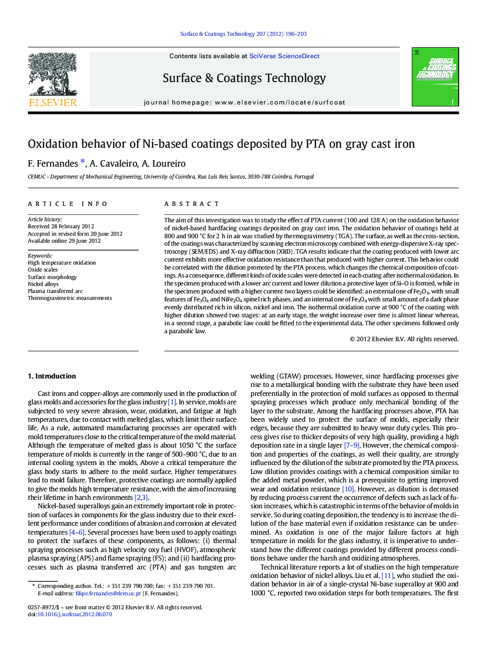 Oxidation behavior of Ni-based coatings deposited by PTA on gray cast iron