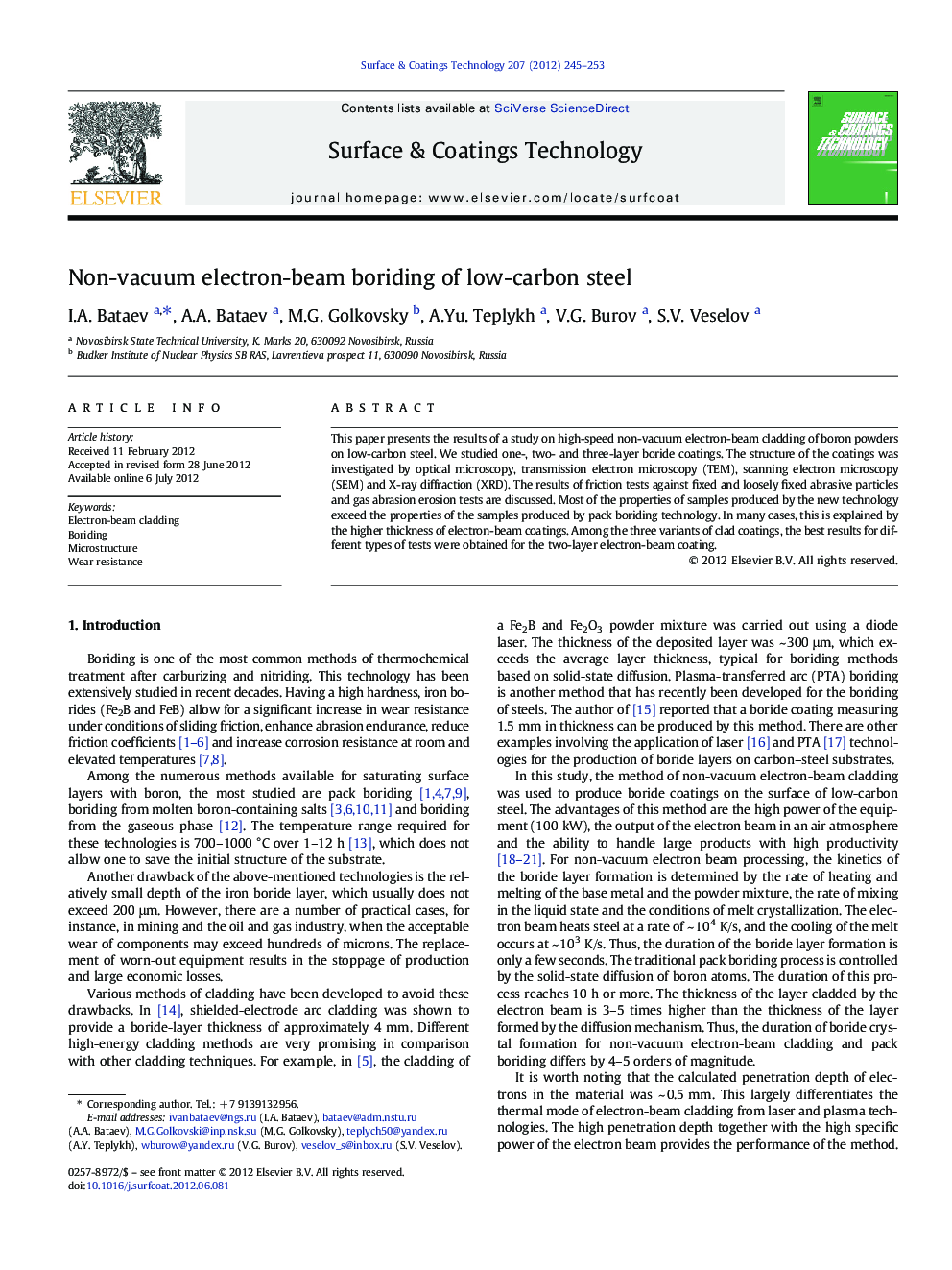 Non-vacuum electron-beam boriding of low-carbon steel