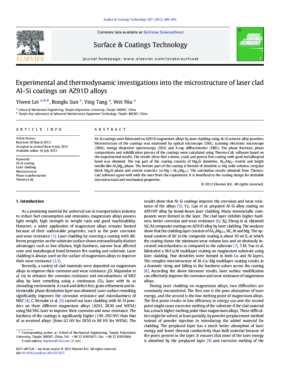 Experimental and thermodynamic investigations into the microstructure of laser clad Al-Si coatings on AZ91D alloys