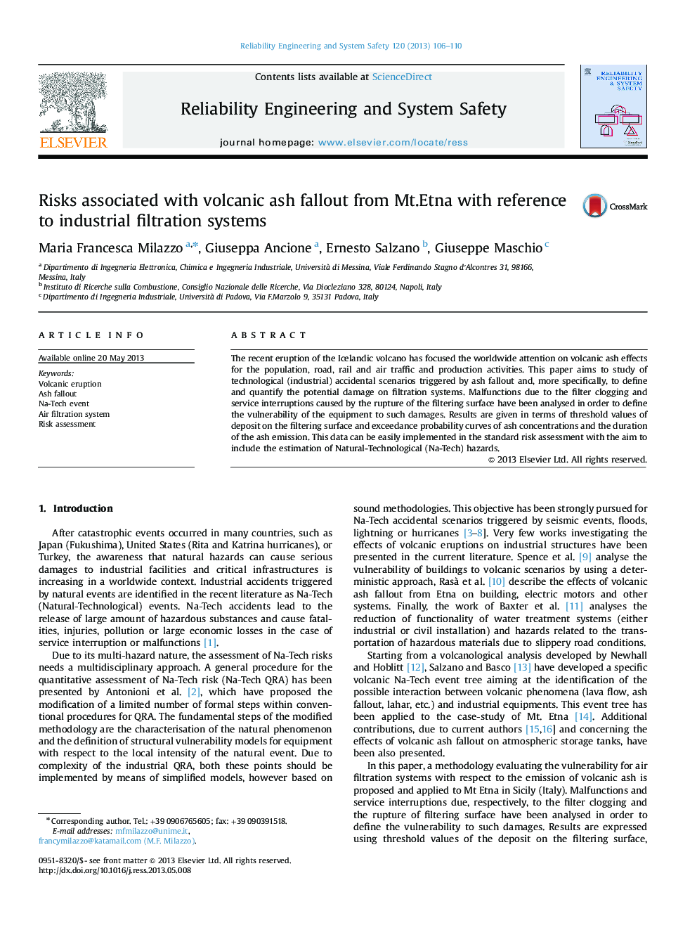 Risks associated with volcanic ash fallout from Mt.Etna with reference to industrial filtration systems